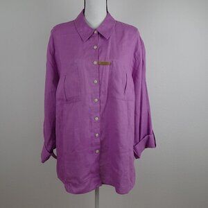 Investments Linen Blouse Top Women's 22W Purple Roll Tab Sleeves